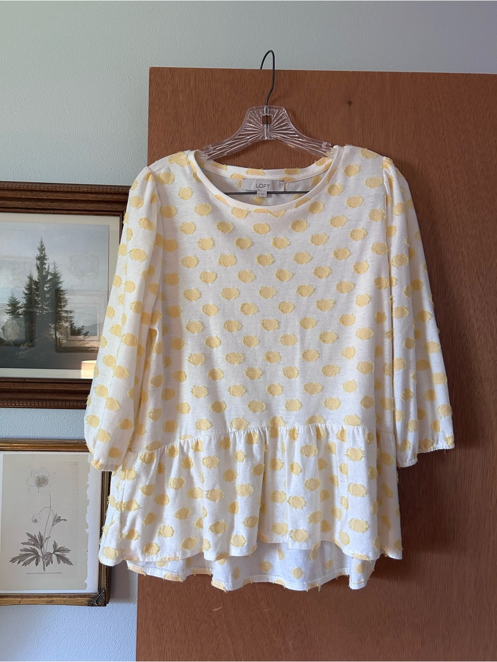 LOFT White Top with Yellow Polka Dot high-low Peplum